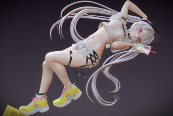 1girl 3d blender_(medium) ckb drink drinking_straw full_body hat highres mignon navel pink_eyes shorts stomach tank_top thigh_strap twintails