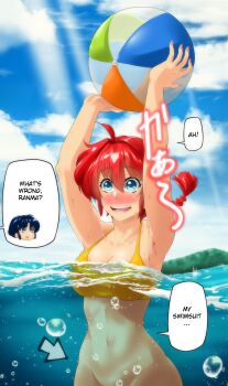 Rule 34 | 2girls, absurdres, ball, bikini, blue eyes, blush, bottomless, braid, cut-in, english text, genderswap, genderswap (mtf), highres, multiple girls, omiiverse, ranma-chan, ranma 1/2, red hair, saotome ranma, single braid, sky, swimsuit, tendou akane, underwater, wardrobe malfunction, water