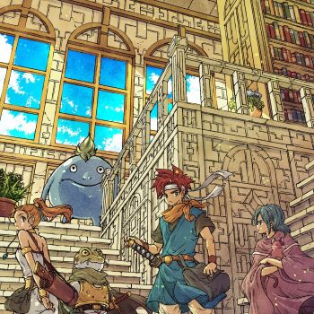 1girl 3boys animal armlet armor bag bare_shoulders belt black_eyes blue_eyes blue_hair blue_tunic book bookshelf bracelet cat ceiling chrono_trigger closed_mouth creature crono_(chrono_trigger) dress frog_(chrono_trigger) frog_boy gold_armlet gold_choker headband highres holding holding_animal holding_cat indoors janus_zeal jewelry library looking_at_viewer marle_(chrono_trigger) multiple_boys necklace nu_(chrono_trigger) orange_hair parted_lips plant ponytail potted_plant purple_robe quiver red_hair robe sheath sheathed short_sleeves spiked_hair stairs standing strapless strapless_dress sword toriga tunic weapon white_dress white_headband window wristband