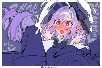 1futa 1girl belle_(zenless_zone_zero) blush bulge cum cum_in_clothes cum_through_clothes ear_blush earrings ejaculation erection erection_under_clothes futa_with_female futanari grey_hair heart heart-shaped_pupils highres jewelry long_hair long_sleeves looking_at_bulge mirin_chikuwa mole mole_under_eye multicolored_hair open_mouth penis penis_awe pointy_ears projectile_cum purple_hair red_eyes ruined_orgasm single_thighhigh skirt solo_focus streaked_hair symbol-shaped_pupils text_background thighhighs vivian_banshee wide-eyed yuri zenless_zone_zero