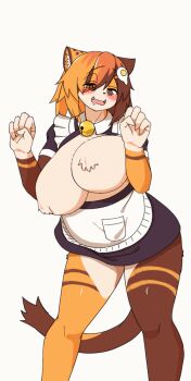 1girl animal_ear_fluff animal_ears animal_nose animated animated_gif apron bags_under_eyes blush body_fur breasts brown_fur brown_hair brown_tail cleavage clenched_hands dancing egg_hair_ornament feet_out_of_frame food-themed_hair_ornament furry furry_female hair_between_eyes hair_ornament half-closed_eyes huge_breasts kagarimachi_konatsu knees_together_feet_apart medium_hair meme multicolored_fur nekotsuki_kohime_(kagarimachi_konatsu) open_mouth orange_hair original raised_eyebrows sad_cat_dance_(meme) simple_background solo striped_fur tail thick_thighs thighs variant_set waist_apron white_background yellow_fur yellow_tail