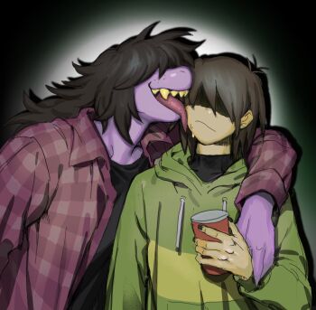 1girl 1other arm_around_neck brown_hair colored_skin commentary_request covered_eyes cup deltarune disposable_cup drawstring drop_shadow facing_viewer flannel freckles furry furry_female green_hoodie hair_over_eyes highres holding holding_cup hood hoodie korean_commentary kris_(deltarune) licking licking_another&#039;s_face long_hair other_with_female pink_skin shaded_face sharp_teeth short_hair susie_(deltarune) sweat teeth tongue tongue_out ttudolee upper_body utdr_(toby_fox) vignetting