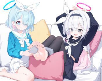 +_+ 2girls absurdres arms_up arona_(blue_archive) barefoot black_choker black_eyes black_hairband black_pantyhose black_sailor_collar black_serafuku black_shirt black_skirt blue_archive blue_eyes blue_hair blue_halo blue_shirt bound bound_toes bow braid chinese_commentary choker closed_mouth colored_inner_hair commentary_request couch eugenecolin eyes_visible_through_hair feet foot_focus foreshortening hair_bow hair_brush hair_over_one_eye hairband halo highres holding holding_hair_brush large_variant_set laughing long_hair long_sleeves medium_hair miniskirt multicolored_hair multiple_girls neckerchief on_couch one_eye_closed open_mouth pantyhose pink_hair plana_(blue_archive) pleated_skirt puffy_long_sleeves puffy_sleeves red_halo sailor_collar sailor_shirt school_uniform serafuku shirt side_braid single_braid skirt smile soles tickling tickling_feet toes torn_clothes torn_pantyhose two-tone_hair variant_set white_bow white_choker white_hair white_hairband white_neckerchief white_sailor_collar white_skirt