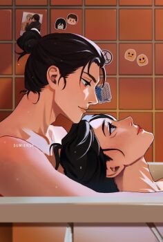 1boy 1girl arms_around_neck artist_name bathing bathroom bathtub brown_hair commentary couple english_commentary eren_yeager facial_scar frown hair_bun hetero highres hug hug_from_behind medium_hair mikasa_ackerman nude photo_(object) profile scar scar_on_cheek scar_on_face shingeki_no_kyojin short_hair smile sumiensp survey_corps_(emblem) tile_wall tiles upper_body wet wet_hair