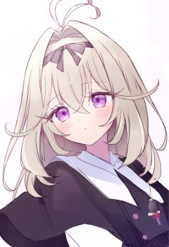 1girl antenna_hair black_capelet black_dress bow capelet commentary dress highres irono1910 jewelry long_hair looking_at_viewer meitantei_precure! moria_luluka precure purple_eyes solo white_wrist_cuffs wrist_cuffs