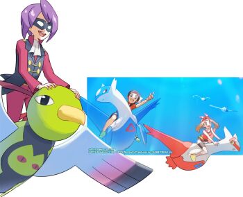 1boy :d ascot black_vest domino_mask eye_mask gen_2_pokemon happy long_sleeves male_focus mask medium_hair nintendo official_art_inset open_mouth pants pokemoa pokemon pokemon_(creature) pokemon_hgss purple_hair riding riding_pokemon shirt smile teeth upper_teeth_only vest white_ascot will_(pokemon) xatu