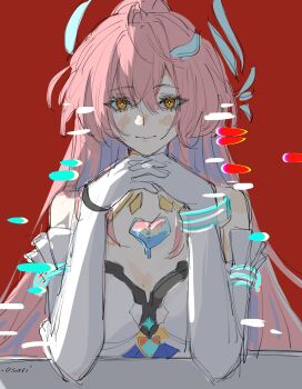 Rule 34 | .osari, 1girl, aemeath (wuthering waves), bad id, bad twitter id, bare shoulders, breasts, closed mouth, commentary, elbow gloves, glitch, gloves, hair ornament, highres, just monika (meme), long hair, looking at viewer, medium breasts, meme, orange eyes, pink hair, red background, signature, smile, solo, tacet mark (wuthering waves), white gloves, wuthering waves