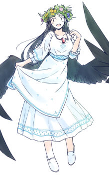 1girl :d black_hair breasts dress feathered_wings frilled_sleeves frills full_body hand_up head_wreath large_breasts long_dress long_hair looking_at_viewer open_mouth oversized_wings patterned_clothing puffy_sleeves rangycrow reiuji_utsuho shoes skirt_hold smile solo square_neckline touhou white_background white_dress white_shoes wings |_|