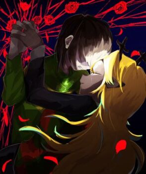 Rule 34 | 1girl, 1other, 5x5fo, blonde hair, brown hair, commentary, crying, deltarune, flower, forehead-to-forehead, hashtag-only commentary, heads together, holding hands, jewelry, kris (deltarune), long hair, lowres, noelle holiday, red flower, red petals, red rose, ring, rose, utdr (toby fox), weird route (deltarune)