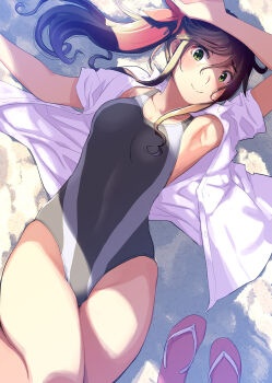 Rule 34 | 1girl, black one-piece swimsuit, blush, breasts, brown hair, collarbone, collared shirt, commentary request, competition swimsuit, cowboy shot, dress shirt, flip-flops, from above, green eyes, hattori mitsuru, high ponytail, highres, kinme wakana, kirei ni shitemoraemasuka, long hair, looking at viewer, lying, medium breasts, no pants, on back, one-piece swimsuit, open clothes, open shirt, ponytail, sandals, shirt, short sleeves, sidelocks, small breasts, smile, solo, swimsuit, swimsuit under clothes, unbuttoned, unbuttoned shirt, unworn sandals, white shirt
