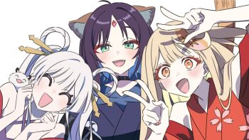 Rule 34 | 3girls, :d, absurdres, animal ears, bare shoulders, black choker, blue hair, blue hoodie, blue kimono, cho kaguya-hime!, choker, clenched hands, clothing cutout, colored inner hair, commentary, criss-cross halter, facial mark, forehead mark, fox ears, fushi (cho kaguya-hime!), green eyes, hair rings, halterneck, hashtag-only commentary, highres, hood, hoodie, japanese clothes, kaguya (cho kaguya-hime!), kimono, lop rabbit ears, medium hair, mochizuki yuki (artist), multicolored hair, multiple girls, off shoulder, open mouth, orange eyes, purple hair, rabbit ears, red kimono, runami yachiyo, sakayori iroha, shoulder cutout, smile, twintails, untranslatable commentary, upper body, v, w, white hair