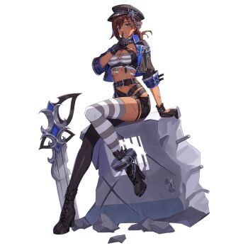 1girl artist_request black_survival blue_eyes boots breasts brown_hair cathy_huggins cleavage cuffs eternal_return:_black_survival finger_to_mouth fingerless_gloves gloves hat high_heel_boots high_heels highres navel official_art rubble scar scar_on_arm scar_on_leg shackles sitting solo third-party_source torn_clothes transparent_background weapon