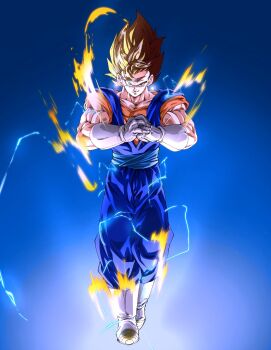 Rule 34 | 1boy, aura, blonde hair, blue background, blue pants, blue sash, blue shirt, dougi, dragon ball, dragonball z, earrings, electricity, full body, gloves, green eyes, hashtag-only commentary, highres, jewelry, male focus, medium hair, muscular, muscular male, orange sash, orange shirt, pants, pocagraffiti, potara earrings, revision, sash, shirt, simple background, smirk, solo, spiked hair, super saiyan, super saiyan 1, vegetto, walking, white gloves