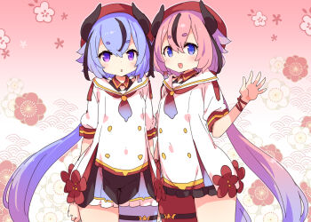 2others :o a.i._voice asymmetrical_legwear bare_shoulders belt beret black_dress black_horns black_shorts black_streaks blue_eyes blue_hair blue_pantyhose blue_ribbon buttons cowboy_shot double-breasted double-parted_bangs dress floral_background flower frilled_shorts frills gradient_background gradient_hair gradient_necktie gynoid_talk hand_up hat horned_hat horns layered_dress long_hair low_ponytail low_twintails meika_hime meika_mikoto multicolored_hair multiple_others necktie open_mouth pantyhose petenshi_(dr._vermilion) pink_hair pleated_dress plum_blossoms ponytail puffy_sleeves purple_eyes red_hat red_necktie red_pantyhose red_ribbon ribbon sailor_collar seigaiha short_dress short_eyebrows shorts shorts_under_dress sidelocks single_leg_pantyhose smile standing streaked_hair thick_eyebrows thigh_belt thigh_strap three-quarter_sleeves twintails two-sided_dress two-sided_fabric very_long_hair white_dress wrist_ribbon