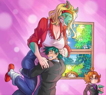 1boy 1other 2girls absurdres artist_self-insert blonde_hair blue_pants boku_no_hero_academia breasts brown_hair cleavage closed_eyes closed_mouth commentary_request day denim dont_worry_baby_he's_just_a_nerd_(meme) furry furry_female furry_with_non-furry green_fur green_hair hairband happy height_difference highres husband_and_wife indoors interspecies ippan_josei jeans large_breasts lifting_person long_hair looking_at_another medium_hair meme midoriya_izuku money multiple_girls netorare open_mouth pants red_hairband red_shirt reverse_netorare shirt sleeves_rolled_up smile spanish_commentary tall_female teeth two-tone_fur uraraka_ochako vlizz white_fur window