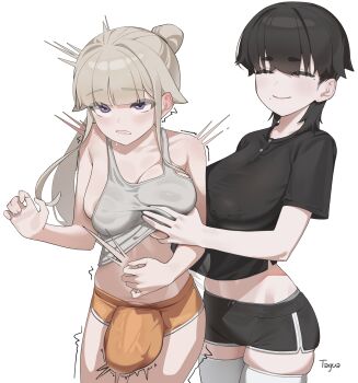 1girl absurdres areola_slip artist_name black_hair black_shirt black_shorts breasts bulge cleavage clenched_teeth closed_eyes commentary covered_erect_nipples covered_penis crop_top crop_top_overhang dolphin_shorts english_commentary enid_(tagua) futanari futasub grabbing_another's_breast groping high_ponytail highres huge_penis implied_masturbation large_breasts long_hair long_sidelocks micro_shorts midriff mole mole_under_eye mole_under_mouth nipple_piercing orange_shorts original penis piercing ponytail purple_eyes rene_(tagua) shirt short_hair shorts sideboob sidelocks signature simple_background skindentation smile tagua tank_top teeth thick_eyebrows thighhighs thighs trap trembling underboob veins veiny_penis white_background white_tank_top white_thighhighs wolf_cut