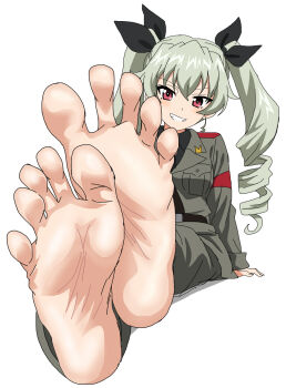 1girl anchovy_(girls_und_panzer) anzio_military_uniform armband barefoot belt black_necktie black_ribbon black_shirt drill_hair foot_focus full_body girls_und_panzer green_hair green_jacket grin hair_between_eyes hair_ribbon highres jacket legs_together long_hair long_sleeves looking_at_viewer military_uniform necktie on_ground pants pants_tucked_in red_armband red_eyes ribbon riokasen shirt simple_background sitting smile soles solo spread_toes teeth toes twin_drills twintails