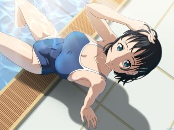 1girl absurdres black_hair blue_one-piece_swimsuit breasts caustics cleavage collarbone commentary_request competition_school_swimsuit covered_navel feet_out_of_frame from_above green_eyes highres kirigaya_suguha large_breasts looking_at_viewer mysteryctu one-piece_swimsuit poolside revision school_swimsuit short_hair soaking_feet solo swimsuit sword_art_online water wet wet_hair