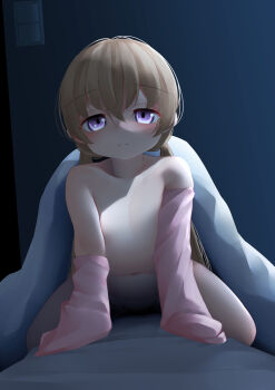 1girl arm_support bare_shoulders blue_background blush brown_hair closed_mouth commentary_request detached_sleeves gradient_background hair_between_eyes highres loli long_hair long_sleeves looking_at_viewer navel ne_an_ito nude pink_sleeves purple_eyes sidelighting solo split_mouth spread_legs straddling straight-on tareme tsukuyomi_ai variant_set voiceroid