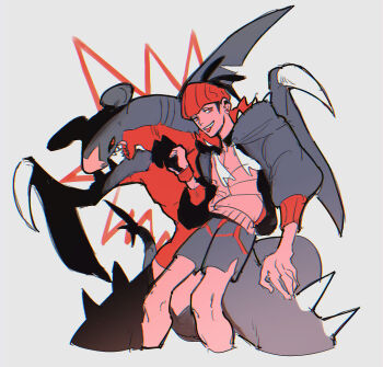 1boy black_hoodie claws garchomp gen_4_pokemon headband highres hood hoodie nintendo orange_headband pokemon pokemon_(creature) pokemon_swsh raihan_(pokemon) red_eyes shark_fin sharp_teeth shorts side_slit side_slit_shorts sketch teeth zumu_(quw87)