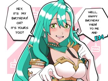 1girl aqua_hair armor bow breastplate breasts chloe_(fire_emblem) cleavage earrings elbow_gloves english_text fire_emblem fire_emblem_engage gloves green_eyes happy_birthday jewelry medium_breasts mnejing30 nintendo orange_bow pointing pointing_at_viewer shoulder_armor solo speech_bubble teardrop_earrings white_gloves