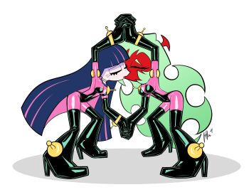 absurdres bodysuit colored_skin commission cosplay costume_switch demon_girl g_gundam gloves gundam highres holding_hands kiss latex latex_bodysuit latex_gloves panty_&amp;_stocking_with_garterbelt qqlettuce rain_mikamura red_skin scanty_(psg) stocking_(psg) yuri