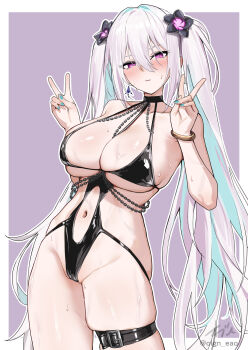 1girl aqua_pupils azur_lane between_breasts black_one-piece_swimsuit breast_strap breasts cameltoe cleavage clothing_cutout commentary_request commission cosplay double_v flower frontal_wedgie hair_flower hair_ornament highres kearsarge_(azur_lane) large_breasts long_hair looking_at_viewer mogador_(azur_lane) mogador_(azur_lane)_(cosplay) mogador_(locker_room_lechery)_(azur_lane) navel navel_cutout official_alternate_costume one-piece_swimsuit oregano_(olgn_eao) partially_visible_vulva pixiv_commission purple_eyes pussy pussy_peek sideless_swimsuit solo standing swimsuit thigh_strap twintails untied_swimsuit v wedgie white_hair