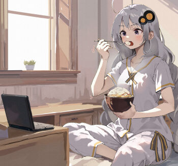 1girl ahoge blush bowl braid collared_shirt commentary_request computer day dress_shirt eating food food_request fork grey_hair hair_ornament highres holding holding_bowl holding_fork indoors kizuna_akari lamb_(hitsujiniku) laptop long_hair low_twintails open_mouth pants purple_eyes shirt short_sleeves sitting solo sunlight twin_braids twintails very_long_hair voiceroid white_pants white_shirt window
