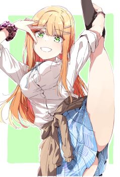 1girl absurdres animal_print balancing black_panties black_socks blue_ribbon blue_skirt border breasts brown_cardigan cardigan chain chain_bracelet clothes_around_waist commentary dot_nose flexible gakuen_idolmaster green_background green_eyes grin hair_ornament hairclip hatsuboshi_gakuen_school_uniform highres holding_own_leg idolmaster large_breasts leg_up leopard_print long_hair looking_at_viewer mole mole_under_eye neck_ribbon nyoijizai orange_hair outside_border panties pantyshot pink_scrunchie pleated_skirt print_scrunchie ribbon school_uniform scrunchie shirt shiun_sumika simple_background skirt sleeves_rolled_up smile socks solo split standing standing_on_one_leg standing_split underwear v v_over_eye white_border white_shirt wrist_scrunchie