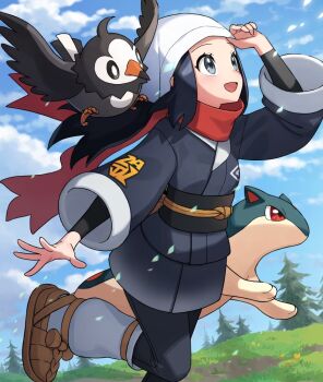 1girl :d akari_(pokemon) black_hair chorefuji eyelashes galaxy_expedition_team_survey_corps_uniform gen_2_pokemon gen_4_pokemon headscarf long_hair looking_up nintendo open_mouth outdoors pokemon pokemon_(creature) pokemon_legends:_arceus ponytail quilava red_scarf scarf sidelocks smile starly white_headscarf white_headwear