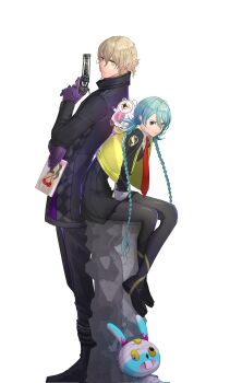 1boy 1girl 1other adorabbit ai_the_somnium_files ai_the_somnium_files:_nirvana_initiative aiba_(ai_the_somnium_files) aqua_hair black_eyes black_footwear blonde_hair brown_eyes closed_mouth collared_shirt commentary_request date_kaname flagkunnn full_body gloves hair_between_eyes heterochromia highres holding holding_magazine holding_weapon long_hair long_sleeves magazine_(object) necktie okiura_mizuki pantyhose purple_gloves red_necktie shirt simple_background sitting skirt standing stuffed_toy very_long_hair vest weapon white_background yellow_eyes