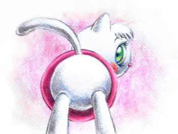 1girl animal animal_ears ass bent_over blush blush_stickers cat cat_ears cat_girl cat_tail dress from_behind furry green_eyes highres loli looking_at_viewer looking_back miko_(nyani_ga_nyander_nyander_kamen) nyani_ga_nyander_nyander_kamen panties pink_background pink_dress short_hair standing tail take2008 traditional_media underwear white_fur white_hair white_panties