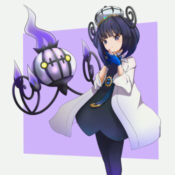 1girl absurdres belt belt_buckle black_dress black_pantyhose blue_gloves blunt_bangs bob_cut buckle chandelure closed_mouth coat commentary_request dress gen_5_pokemon gloves gradient_pantyhose gwynn_(pokemon) hat highres looking_at_viewer nintendo o-ring o-ring_belt open_clothes open_coat oriha_hr pantyhose partially_fingerless_gloves pokemon pokemon_(creature) pokemon_legends:_z-a purple_eyes purple_hair purple_pantyhose simple_background steepled_fingers white_coat