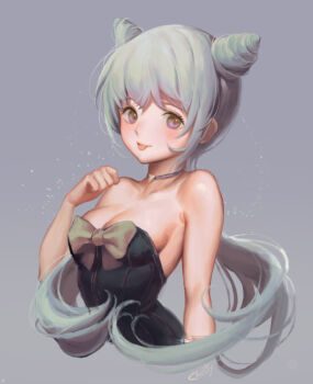 1girl :p breasts caesty choker cleavage double_bun female_focus grey_background looking_at_viewer original paw_pose silver_hair simple_background solo strapless tongue tongue_out
