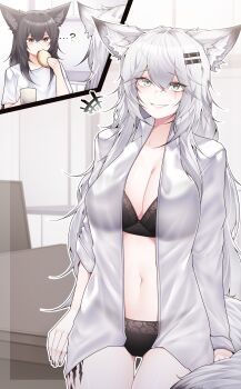 +++ ... 2girls ? absurdres animal_ear_fluff animal_ears arknights black_bra black_hair black_panties bra breasts brown_eyes cleavage collarbone collared_shirt commentary_request cup dated_commentary grey_eyes hair_ornament hairclip highres holding holding_cup lappland_(arknights) large_breasts long_hair long_sleeves looking_at_viewer material_growth messy_hair multiple_girls navel no_pants open_clothes open_shirt oripathy_lesion_(arknights) panties parallel_hairclips parted_lips samip scar scar_across_eye scar_on_face shirt short_sleeves tail texas_(arknights) underwear white_hair white_shirt wolf_ears wolf_girl wolf_tail
