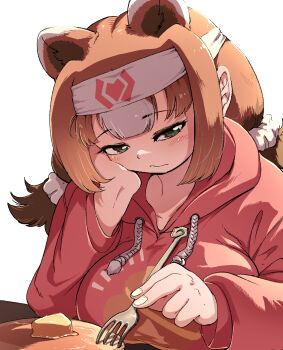 1girl animal_ears bear_ears bear_girl breasts brown_hair extra_ears food fork green_eyes hachimaki headband highres hood hoodie kemono_friends kodiak_bear_(kemono_friends) large_breasts long_hair looking_at_viewer mcgunngu pancake pink_hoodie simple_background solo table twintails upper_body