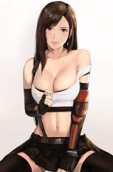 1girl asymmetrical_gloves breasts cleavage female_focus final_fantasy final_fantasy_vii gloves gradient_background highres j@ck large_breasts simple_background skirt solo suspender_skirt suspenders thighhighs tifa_lockhart uneven_gloves