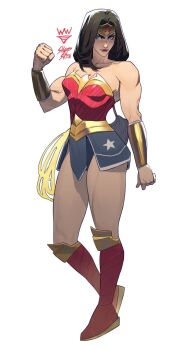 1girl black_hair bracer commentary dc_comics english_commentary gold_bracer gold_tiara highres lasso lasso_of_truth long_hair muscular muscular_female sheep_shin solo superhero_costume thick_thighs thighs tiara wonder_woman wonder_woman_(series)