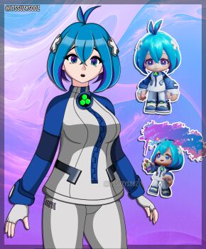 3d :o absurdres ahoge antenna_hair barcode blue_eyes blue_footwear blue_hair blue_jacket breast_zipper chibi cross_hair_ornament fingerless_gloves gloves hair_between_eyes hair_ornament highres itssuzysooz jacket kartrider kartrider:_drift looking_at_viewer miso_(kartrider:_drift) multicolored_eyes multicolored_hair paint_can pants purple_eyes purple_hair shoes short_hair smile sneakers spray_can spray_paint spraying teeth two-tone_eyes two-tone_hair upper_teeth_only watermark white_gloves white_jacket zipper