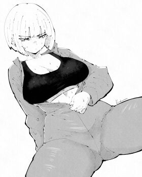 1girl absurdres breasts closed_mouth cowboy_shot double-parted_bangs dutch_angle greyscale highres jumpsuit large_breasts long_sleeves looking_down miregeist monochrome original partially_unzipped short_hair simple_background solo sports_bra spread_legs sweat tsurime unzipping white_background zipper zipper_pull_tab
