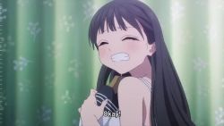 1girl akebi-chan_no_serafuku akebi_komichi animated arms_up bed bedroom black_hair black_skirt blue_hair blush book bookshelf camisole chair clenched_teeth clock closed_eyes clothes_hanger collarbone curtains day desk desk_lamp doll drawing_(object) dressing english_text eyebrows_hidden_by_hair fish from_behind full_body hand_on_own_chest lamp medium_hair on_bed open_mouth panties photo_(object) picture_frame pleated_skirt red_ribbon ribbon rug school_uniform serafuku sitting skirt socks solo sound standing stuffed_animal stuffed_rabbit stuffed_toy subtitled tareme teeth underwear upper_body video wavy_mouth white_camisole white_panties white_socks window