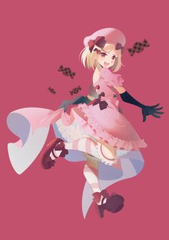 1girl absurdres black_gloves blonde_hair bow candy cicococo cooking dress elbow_gloves food gloves hat highres lambdadelta layered_dress open_mouth pink_background pink_dress pink_hat pink_thighhighs puffy_short_sleeves puffy_sleeves red_bow red_eyes red_shoes shoes short_hair short_sleeves simple_background smile solo striped_clothes striped_thighhighs thighhighs umineko_no_naku_koro_ni white_thighhighs