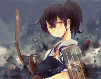 1girl arrow_(projectile) black_hair bow_(weapon) brown_eyes brown_gloves closed_mouth cloud cloudy_sky dirty dirty_face gloves japanese_clothes kaga_(kancolle) kantai_collection muneate oluha rain side_ponytail sky smoke solo tasuki weapon wet wet_clothes wet_hair