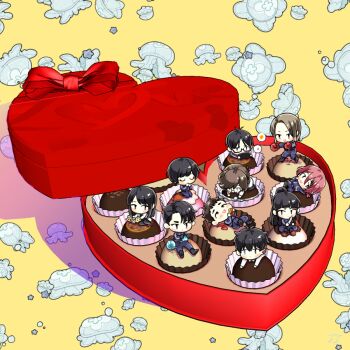 3d 5boys 5girls baek_ae-young black_eyes black_hair blue_bodysuit blue_eyes blush bodysuit bow box box_of_chocolates brown_hair character_request chibi chocolate closed_eyes closed_mouth commentary_request diving_suit eating eoduun_badaui_deungbul-i_doeeo food heart-shaped_box heterochromia holding jellyfish jihyeok_seo kim_jaehee korean_commentary long_hair long_sleeves lying medium_hair mini_person miniboy minigirl multiple_boys multiple_girls mungmum open_mouth park_moo-hyun ponytail red_bow red_hair shin_hae-ryang shirt short_hair simple_background valentine wetsuit yellow_background yu_geum-i