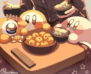 1boy black_shirt blue_eyes blush_stickers bowl brown_eyes buttons chopsticks commentary_request controller eating food fruit grey_background highres holding holding_bowl kirby kirby_(series) kotatsu long_sleeves mandarin_orange nintendo noodles one-eyed real_life remote_control sakurai_masahiro shirt shrimp shrimp_tempura signature table tempura tokkakyou waddle_dee waddle_doo