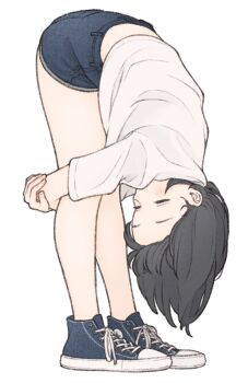 Rule 34 | 1girl, 1ssakawaguchi, absurdres, bent over, black hair, blue shoes, closed eyes, commentary request, converse, denim, denim shorts, flexible, forward fold, frontbend, full body, highres, ichika (1ssakawaguchi), light blush, meme, midriff peek, original, pale skin, shirt, shoes, short hair, short shorts, shorts, solo, stretching, thighs, white background, white shirt
