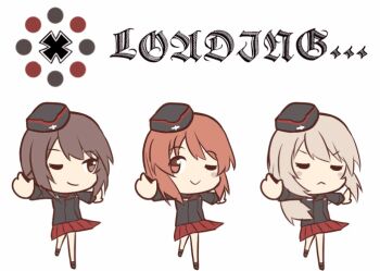 10s 3girls animated animated_gif blonde_hair brown_eyes brown_hair closed_eyes cross english_text garrison_cap german_text girls_und_panzer grey_eyes hat ido_(teketeke) iron_cross itsumi_erika loading_icon loading_screen military military_hat military_uniform miniskirt multiple_girls nishizumi_maho nishizumi_miho one_eye_closed orange_eyes orange_hair school_uniform skirt smile spinning
