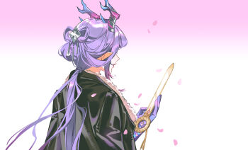 Rule 34 | 1girl, arknights, black jacket, bow-shaped hair, chinese commentary, commentary request, dragon girl, dragon horns, falling petals, fan mu zhang, from behind, hair ornament, highres, holding, horns, jacket, jacket on shoulders, jun (arknights), long hair, parted lips, petals, pointy ears, purple hands, simple background, solo, upper body