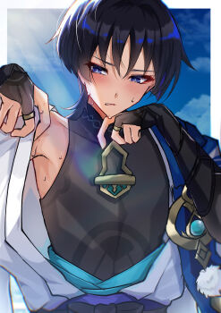 1boy absurdres armor armpit_crease black_bodysuit black_bow black_bridal_gauntlets black_hair blue_cape blue_gemstone blue_hair blue_kimono blue_sky blunt_ends blush bodysuit border bow bridal_gauntlets bright_pupils cape cloud cloudy_sky colored_inner_hair covered_collarbone embarrassed eyelashes eyeliner eyeshadow gem genshin_impact gold gold_ring hands_up highres japanese_armor japanese_clothes juban kimono kote kurokote looking_down makeup male_focus mandarin_collar middle_ring multicolored_hair open_clothes open_kimono open_mouth pom_pom_(clothes) purple_eyes purple_sash red_eyeliner red_eyeshadow renkon_25251020 sash scaramouche_(genshin_impact) shoulder_peek sky solo streaked_hair sweat tsurime upper_body vision_(genshin_impact) wanderer_(genshin_impact) white_border white_kimono white_pupils white_trim wispy_bangs