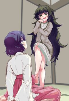 1boy 1girl 2girls blunt_bangs blush chihaya_(clothing) commentary_request green_eyes green_hair hakama hakama_skirt highres hiyajou_maho japanese_clothes kimono kosode long_hair long_sleeves messy_hair miko multiple_girls nervous_sweating open_mouth red_hakama sadarann science_adventure skirt smile smug steins;gate steins;gate_0 stepped_on sweat tongue trap urushibara_luka white_kimono wide_sleeves